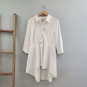 New York & Company White Button-Down High-Low Peplum Shirt